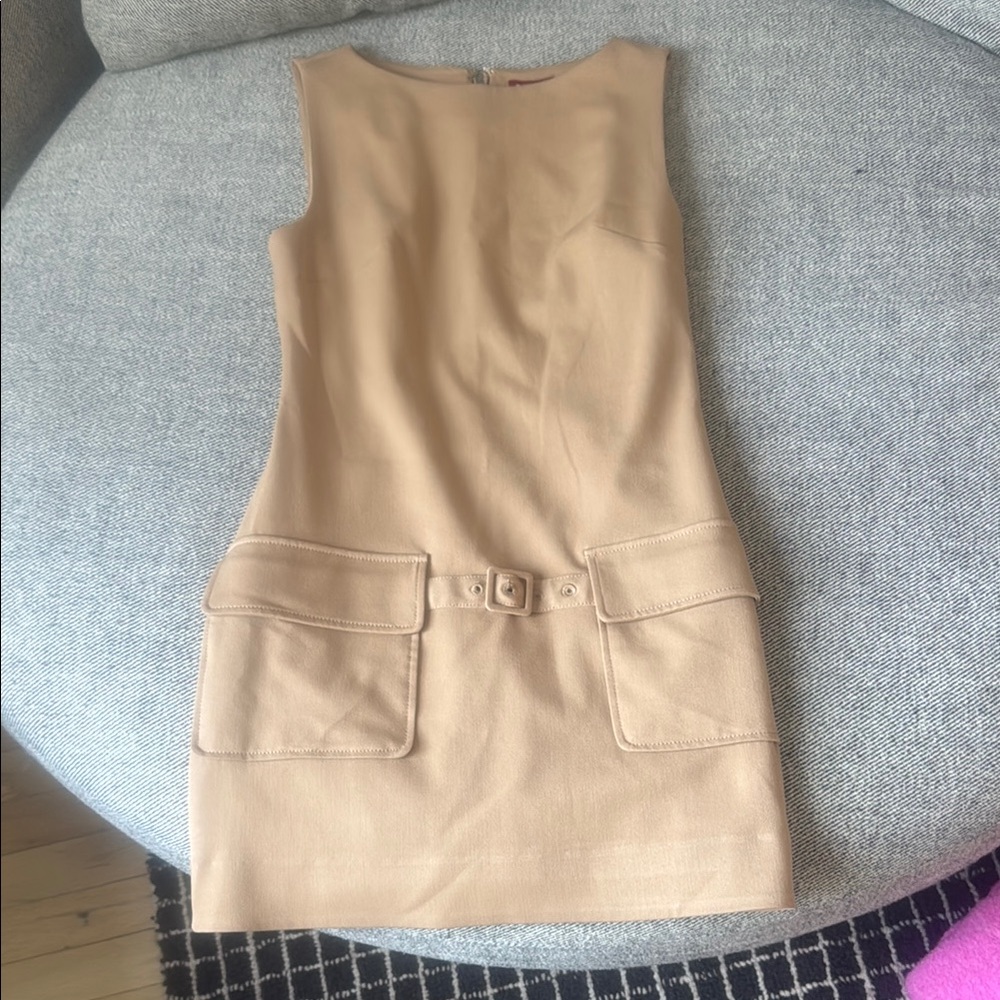 STAUD Camel Mini Dress with Belted Patch Pockets